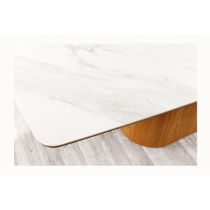 Table de salle à manger LUMEA – Rectangulaire 200 cm – Plateau céramique effet marbre blanc et pied aspect bois clair – Style co