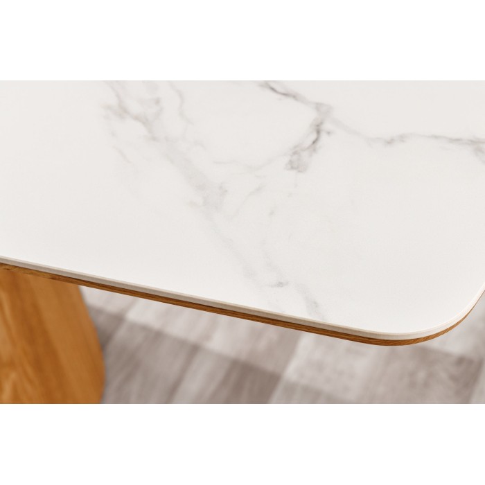 Table de salle à manger LUMEA – Rectangulaire 200 cm – Plateau céramique effet marbre blanc et pied aspect bois clair – Style co
