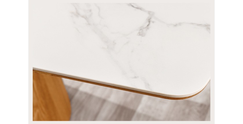 Table de salle à manger LUMEA – Rectangulaire 200 cm – Plateau céramique effet marbre blanc et pied aspect bois clair – Style co