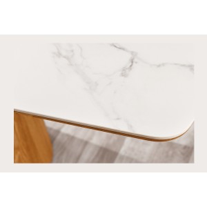 Table de salle à manger LUMEA – Rectangulaire 200 cm – Plateau céramique effet marbre blanc et pied aspect bois clair – Style co