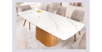Table de salle à manger LUMEA – Rectangulaire 200 cm – Plateau céramique effet marbre blanc et pied aspect bois clair – Style co
