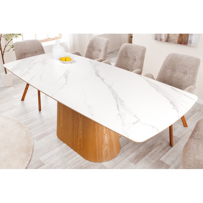 Table de salle à manger LUMEA – Rectangulaire 200 cm – Plateau céramique effet marbre blanc et pied aspect bois clair – Style co