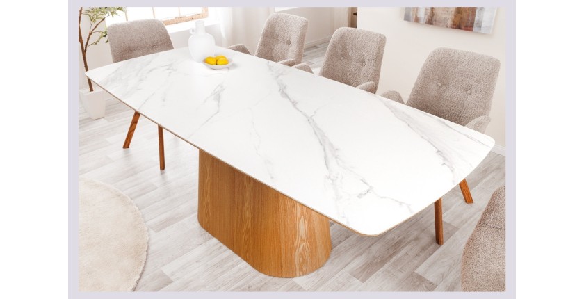 Table de salle à manger LUMEA – Rectangulaire 200 cm – Plateau céramique effet marbre blanc et pied aspect bois clair – Style co