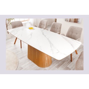 Table de salle à manger LUMEA – Rectangulaire 200 cm – Plateau céramique effet marbre blanc et pied aspect bois clair – Style co