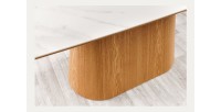 Table de salle à manger LUMEA – Rectangulaire 200 cm – Plateau céramique effet marbre blanc et pied aspect bois clair – Style co