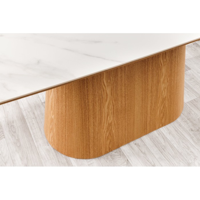 Table de salle à manger LUMEA – Rectangulaire 200 cm – Plateau céramique effet marbre blanc et pied aspect bois clair – Style co