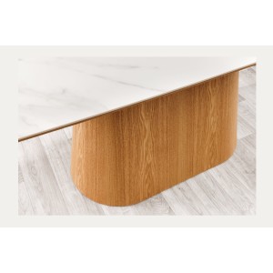 Table de salle à manger LUMEA – Rectangulaire 200 cm – Plateau céramique effet marbre blanc et pied aspect bois clair – Style co