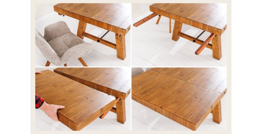 Table de salle à manger RANCHO – Extensible jusqu’à 400 cm – Bois pin vernis et métal – Style rustique