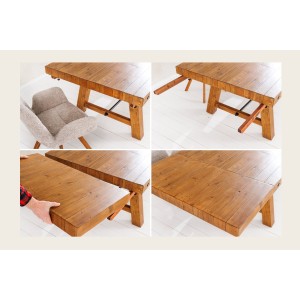Table de salle à manger RANCHO – Extensible jusqu’à 400 cm – Bois pin vernis et métal – Style rustique