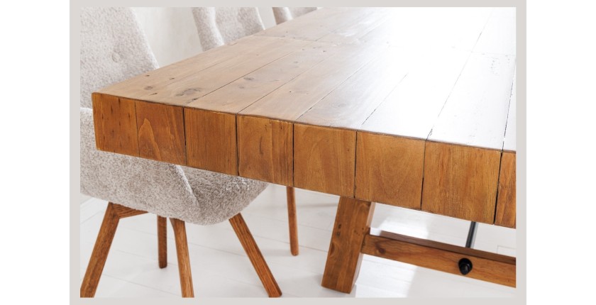 Table de salle à manger RANCHO – Extensible jusqu’à 400 cm – Bois pin vernis et métal – Style rustique