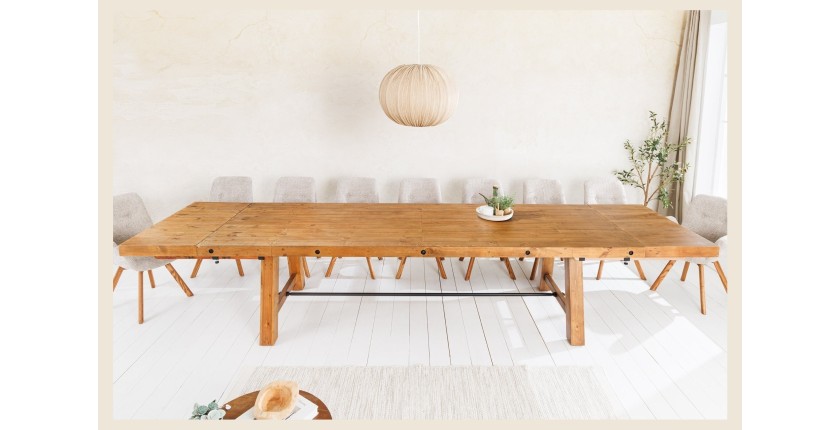 Table de salle à manger RANCHO – Extensible jusqu’à 400 cm – Bois pin vernis et métal – Style rustique