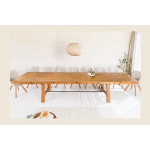 Table de salle à manger RANCHO – Extensible jusqu’à 400 cm – Bois pin vernis et métal – Style rustique