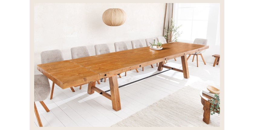 Table de salle à manger RANCHO – Extensible jusqu’à 400 cm – Bois pin vernis et métal – Style rustique