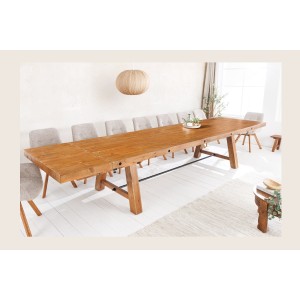 Table de salle à manger RANCHO – Extensible jusqu’à 400 cm – Bois pin vernis et métal – Style rustique