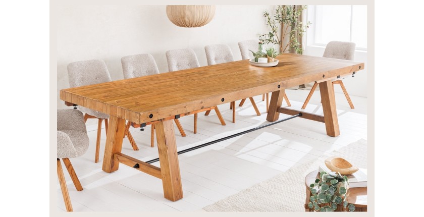 Table de salle à manger RANCHO – Extensible jusqu’à 400 cm – Bois pin vernis et métal – Style rustique