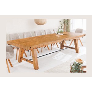 Table de salle à manger RANCHO – Extensible jusqu’à 400 cm – Bois pin vernis et métal – Style rustique