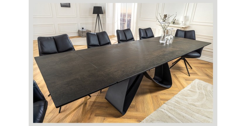 Table de salle à manger ZAREL – Extensible 180 à 260 cm – Rectangulaire – Céramique et verre trempé effet marbre