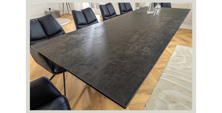 Table de salle à manger ZAREL – Extensible 180 à 260 cm – Rectangulaire – Céramique et verre trempé effet marbre