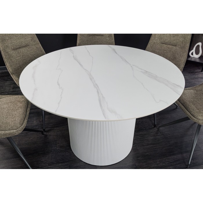 Table de salle à manger LUMEA – Ronde 120 cm – Effet marbre blanc – Pied central large – Style contemporain