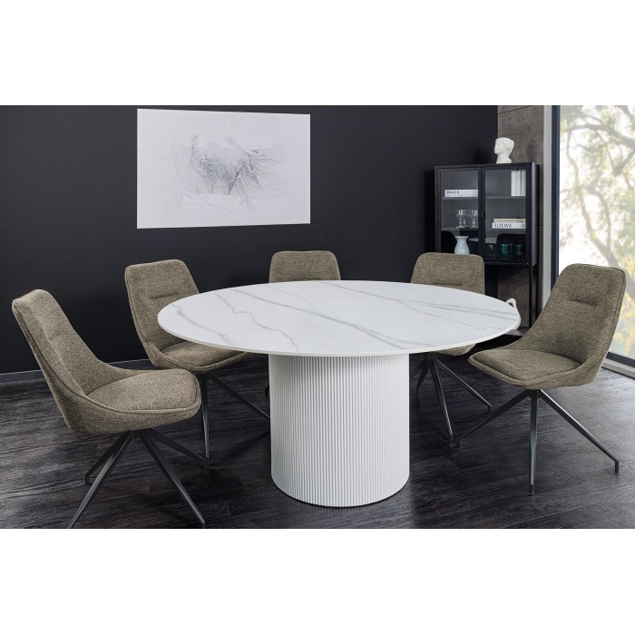 Table de salle à manger LUMEA – Ronde 120 cm – Effet marbre blanc – Pied central large – Style contemporain