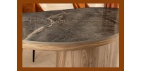 Table de salle à manger LUMEA – Ovale 200 cm – Effet marbre gris – Pied large bois – Style contemporain