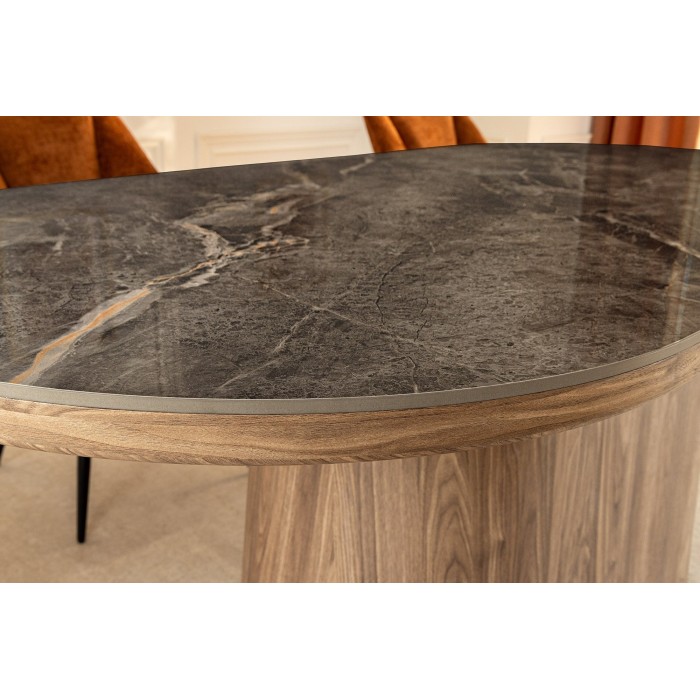 Table de salle à manger LUMEA – Ovale 200 cm – Effet marbre gris – Pied large bois – Style contemporain