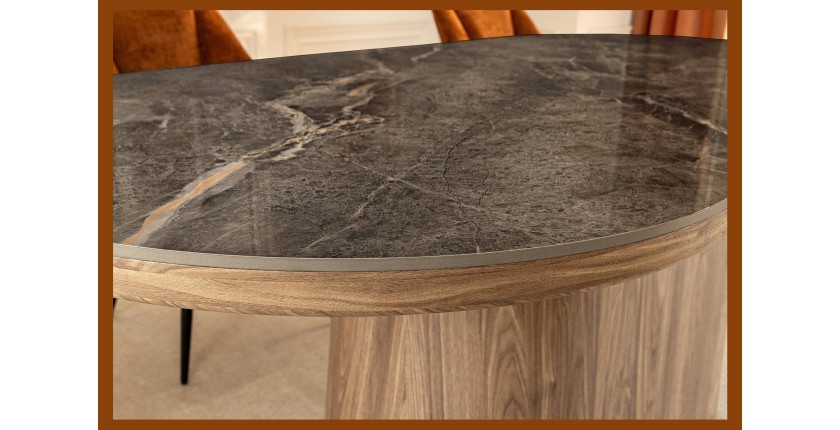 Table de salle à manger LUMEA – Ovale 200 cm – Effet marbre gris – Pied large bois – Style contemporain