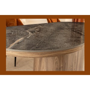 Table de salle à manger LUMEA – Ovale 200 cm – Effet marbre gris – Pied large bois – Style contemporain