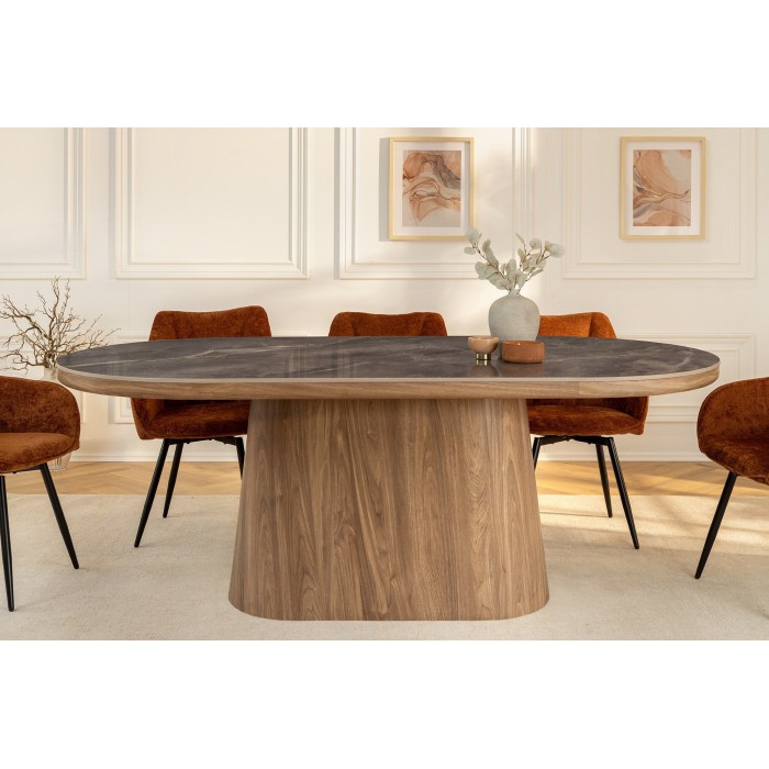 Table de salle à manger LUMEA – Ovale 200 cm – Effet marbre gris – Pied large bois – Style contemporain