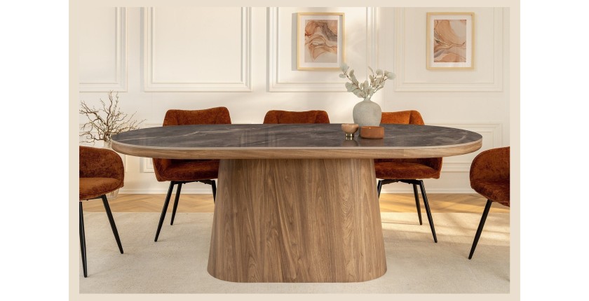 Table de salle à manger LUMEA – Ovale 200 cm – Effet marbre gris – Pied large bois – Style contemporain