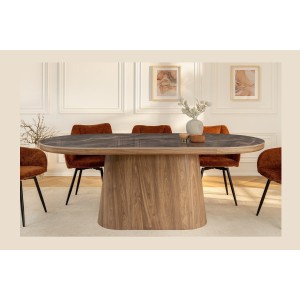 Table de salle à manger LUMEA – Ovale 200 cm – Effet marbre gris – Pied large bois – Style contemporain