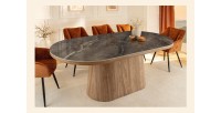 Table de salle à manger LUMEA – Ovale 200 cm – Effet marbre gris – Pied large bois – Style contemporain