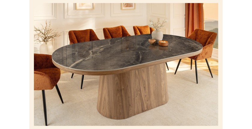 Table de salle à manger LUMEA – Ovale 200 cm – Effet marbre gris – Pied large bois – Style contemporain