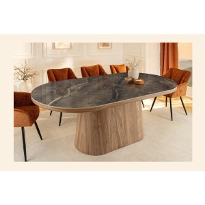 Table de salle à manger LUMEA – Ovale 200 cm – Effet marbre gris – Pied large bois – Style contemporain
