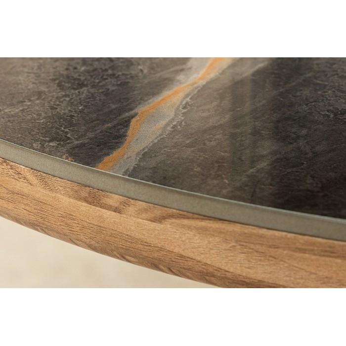 Table de salle à manger LUMEA – Ovale 200 cm – Effet marbre gris – Pied large bois – Style contemporain