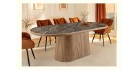 Table de salle à manger LUMEA – Ovale 200 cm – Effet marbre gris – Pied large bois – Style contemporain