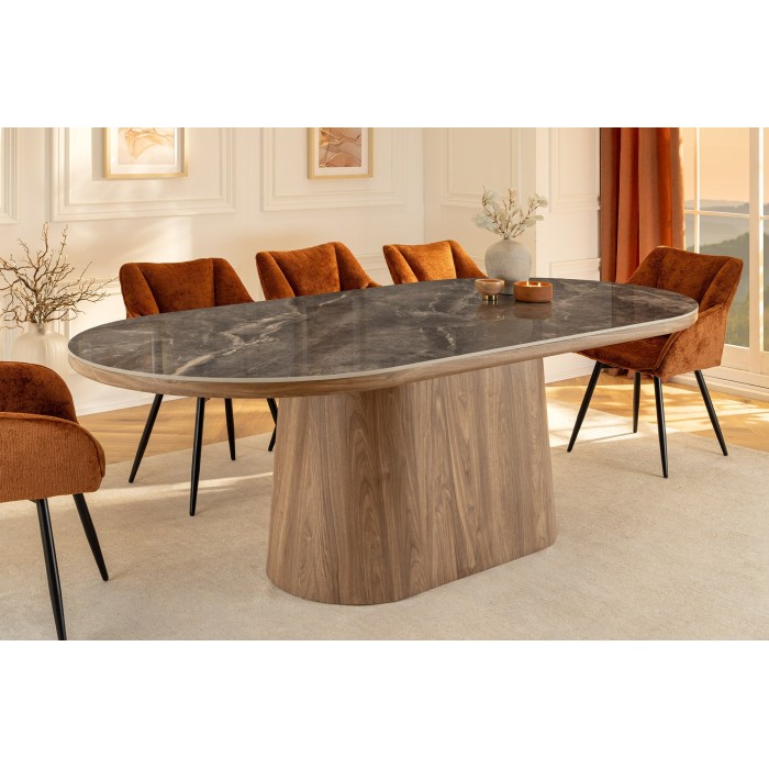 Table de salle à manger LUMEA – Ovale 200 cm – Effet marbre gris – Pied large bois – Style contemporain