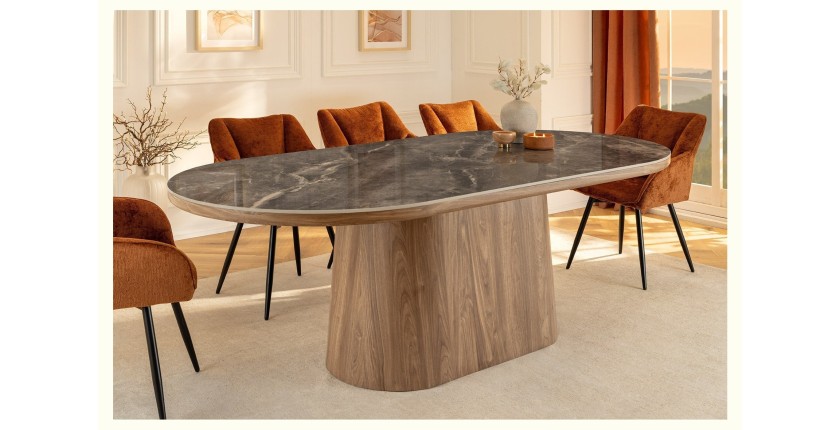Table de salle à manger LUMEA – Ovale 200 cm – Effet marbre gris – Pied large bois – Style contemporain