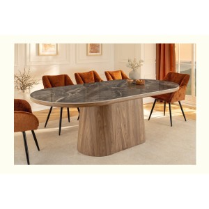 Table de salle à manger LUMEA – Ovale 200 cm – Effet marbre gris – Pied large bois – Style contemporain
