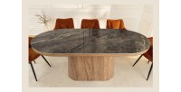 Table de salle à manger LUMEA – Ovale 200 cm – Effet marbre gris – Pied large bois – Style contemporain