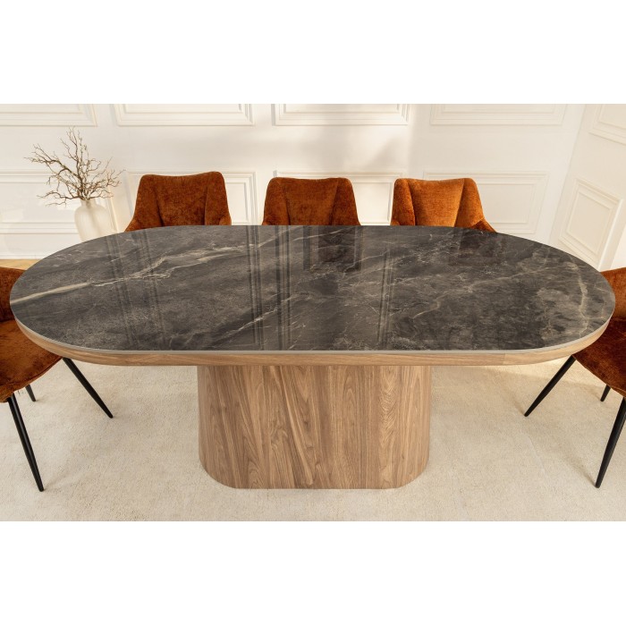 Table de salle à manger LUMEA – Ovale 200 cm – Effet marbre gris – Pied large bois – Style contemporain