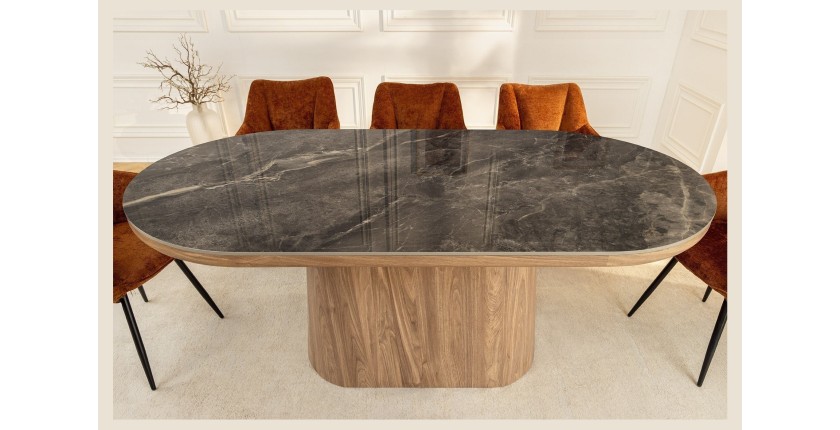 Table de salle à manger LUMEA – Ovale 200 cm – Effet marbre gris – Pied large bois – Style contemporain