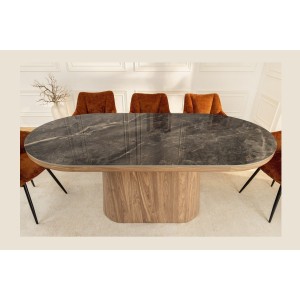 Table de salle à manger LUMEA – Ovale 200 cm – Effet marbre gris – Pied large bois – Style contemporain