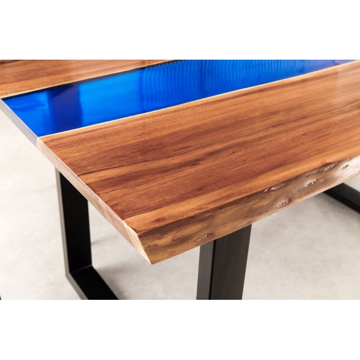 Table de salle à manger LAGUNA – Rectangulaire 160 cm – Bois massif d’acacia et résine époxy bleue
