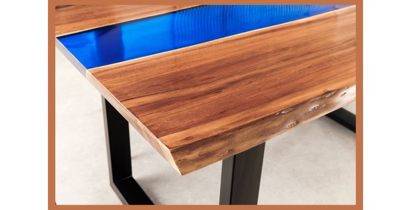 Table de salle à manger LAGUNA – Rectangulaire 160 cm – Bois massif d’acacia et résine époxy bleue