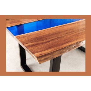 Table de salle à manger LAGUNA – Rectangulaire 160 cm – Bois massif d’acacia et résine époxy bleue