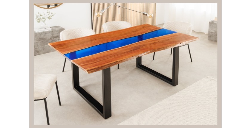 Table de salle à manger LAGUNA – Rectangulaire 160 cm – Bois massif d’acacia et résine époxy bleue