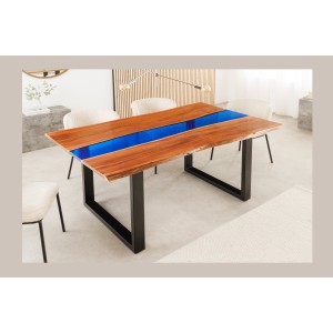 Table de salle à manger LAGUNA – Rectangulaire 160 cm – Bois massif d’acacia et résine époxy bleue