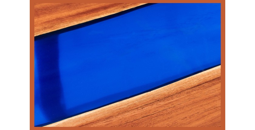 Table de salle à manger LAGUNA – Rectangulaire 160 cm – Bois massif d’acacia et résine époxy bleue