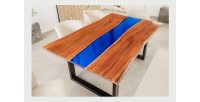 Table de salle à manger LAGUNA – Rectangulaire 160 cm – Bois massif d’acacia et résine époxy bleue